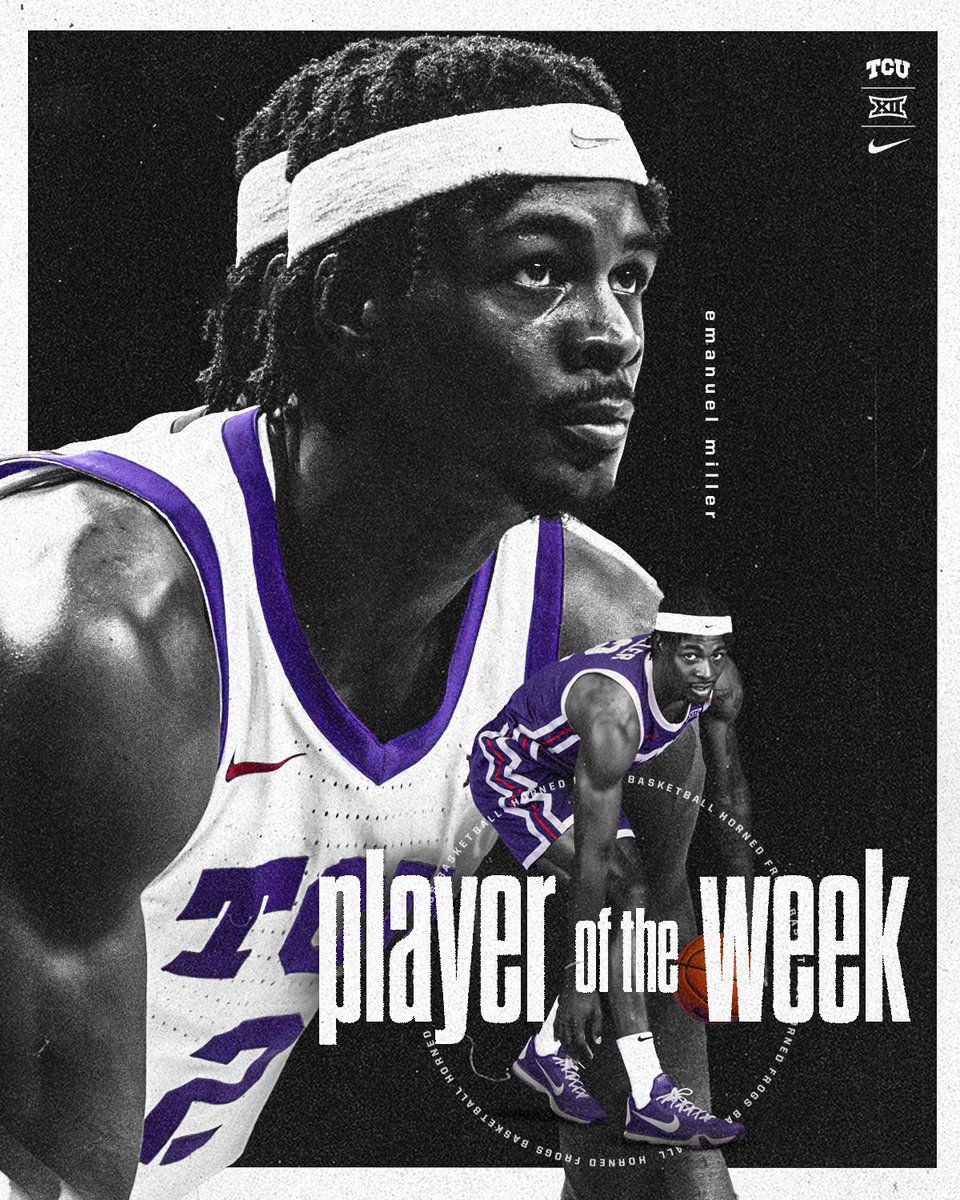 TCUBasketball's tweet photo. career high in points ✅
buzzer-beater ✅

@EmanMiller5 can now put a ✅ next to Big 12 Player of the Week

#GoFrogs https://t.co/q4TLOt3ai5