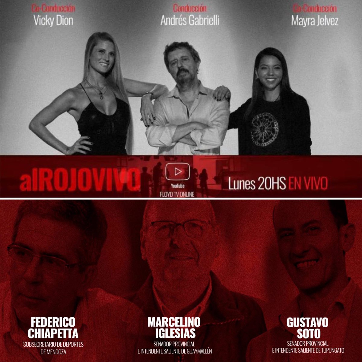 #AlRojoVivo🎥🔴 por <a href="/floydtvonline/">FLOYDTVONLINE</a>

Hoy a las 20, en vivo, junto a  <a href="/AndresGabrielli/">Andrés H. Gabrielli</a> nos espera otro gran Lunes de programa, a días de la transición de gobierno! 

Nuestros invitados del día: <a href="/GustavoSotoOkk/">Gustavo Soto</a> <a href="/ChiapettaFed/">Federico Chiapetta</a> y <a href="/MIglesias2019/">Marcelino Iglesias</a> 

Link programa: youtube.com/live/R3p-GjQne…