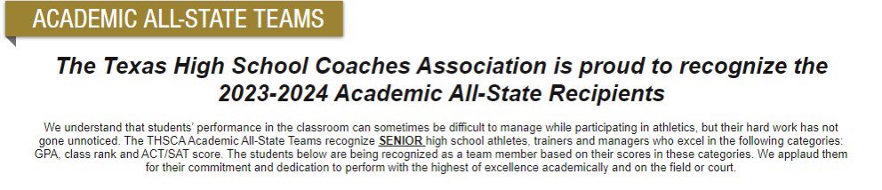 Congrats to our <a href="/THSCAcoaches/">THSCA</a> Academic All-State Selections!! This crew brings it every day on the Field and In the Classroom!

Cooper Barnard- Honorable Mention
Jaylon Humbles- Honorable Mention

Deven Rawal- ELITE
Isabella Mickelson- ELITE

#WTD