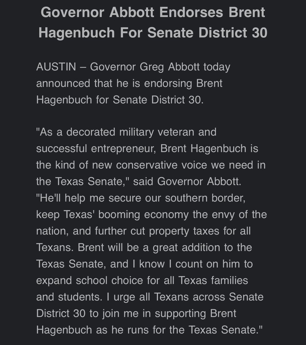 bradj_TX's tweet image. .@GregAbbott_TX endorses Brent Hagenbuch in the open #SD30 race. #txlege