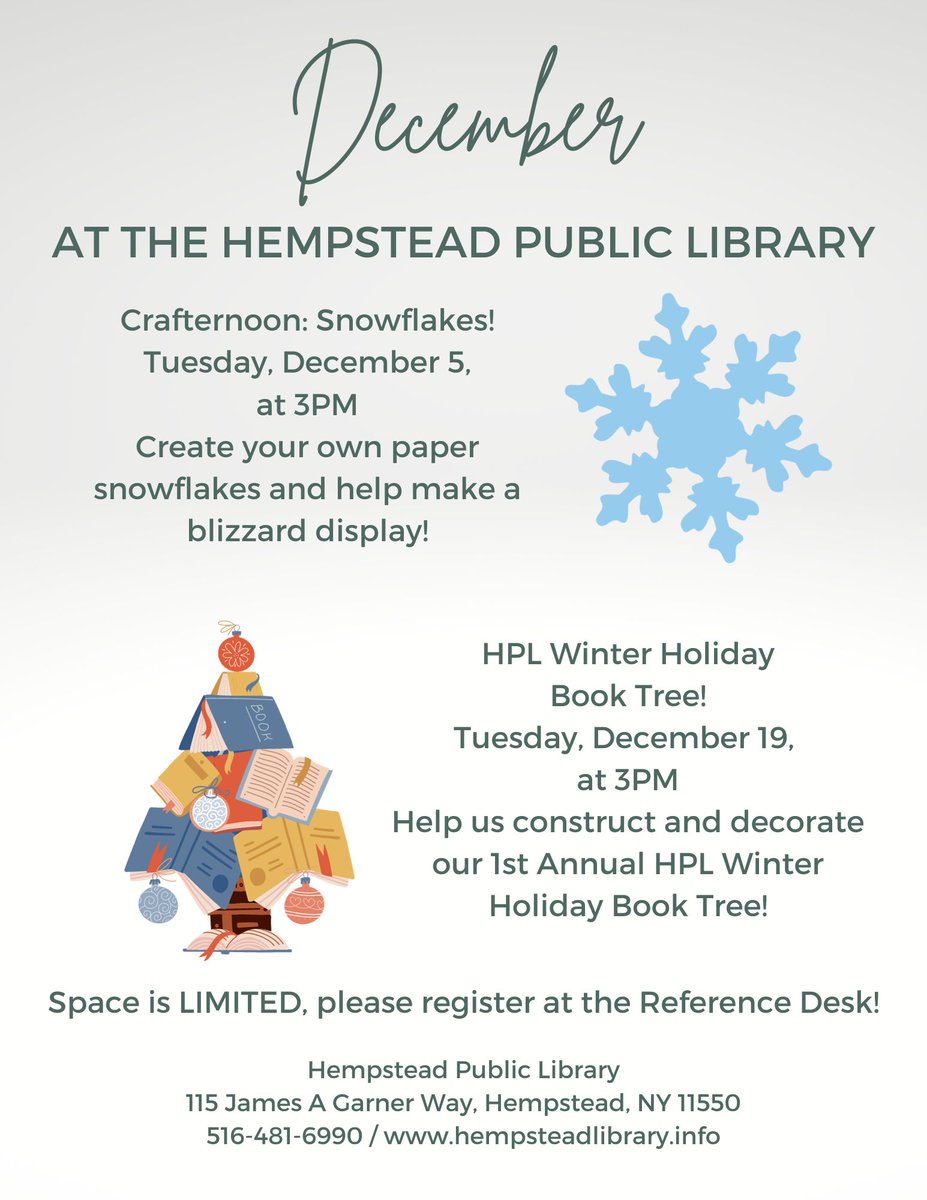 Hempstead_PL's tweet photo. Tomorrow we are making paper snowflakes!
¡Mañana haremos copos de nieve de papel!
3PM in the HPL Community Room! https://t.co/A2z0MH0y5G