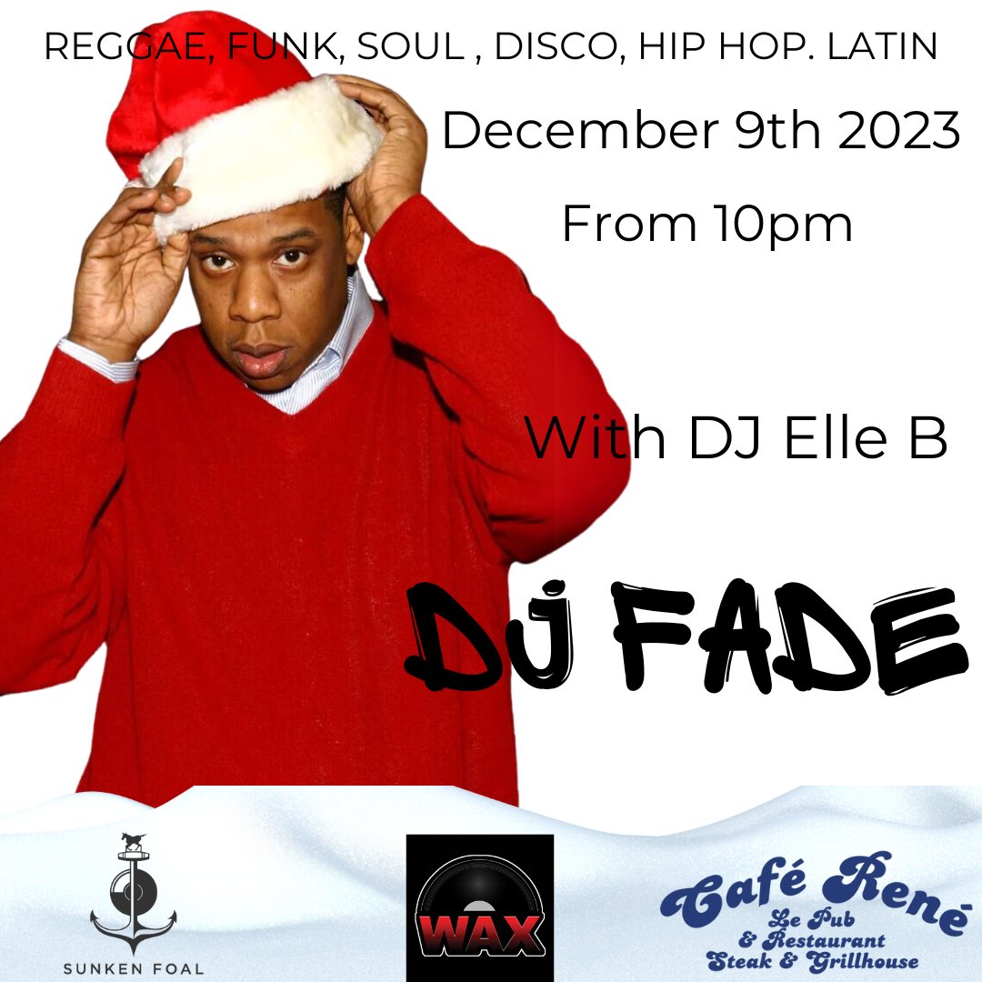 This Saturday at <a href="/CafeRene/">Cafe Rene</a> #gloucester 

<a href="/WAXDJs/">WAX</a> <a href="/DeeJayFade/">DJ FADE</a> will be taking over the ones and twos for our December installment of The Sunken Foal, be there or be square!