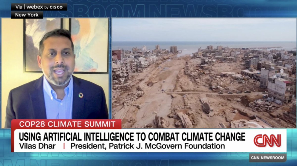 Following a #COP28 discussion on #AI and #climate with VP @algore, @KateEBrandt, and @KhalfanBelhoul, PJMF Pres @VilasDhar joined @paulanewtonCNN to share his optimism for AI’s potential to architect profound change in the climate crisis. Watch here: edition.cnn.com/videos/world/2…