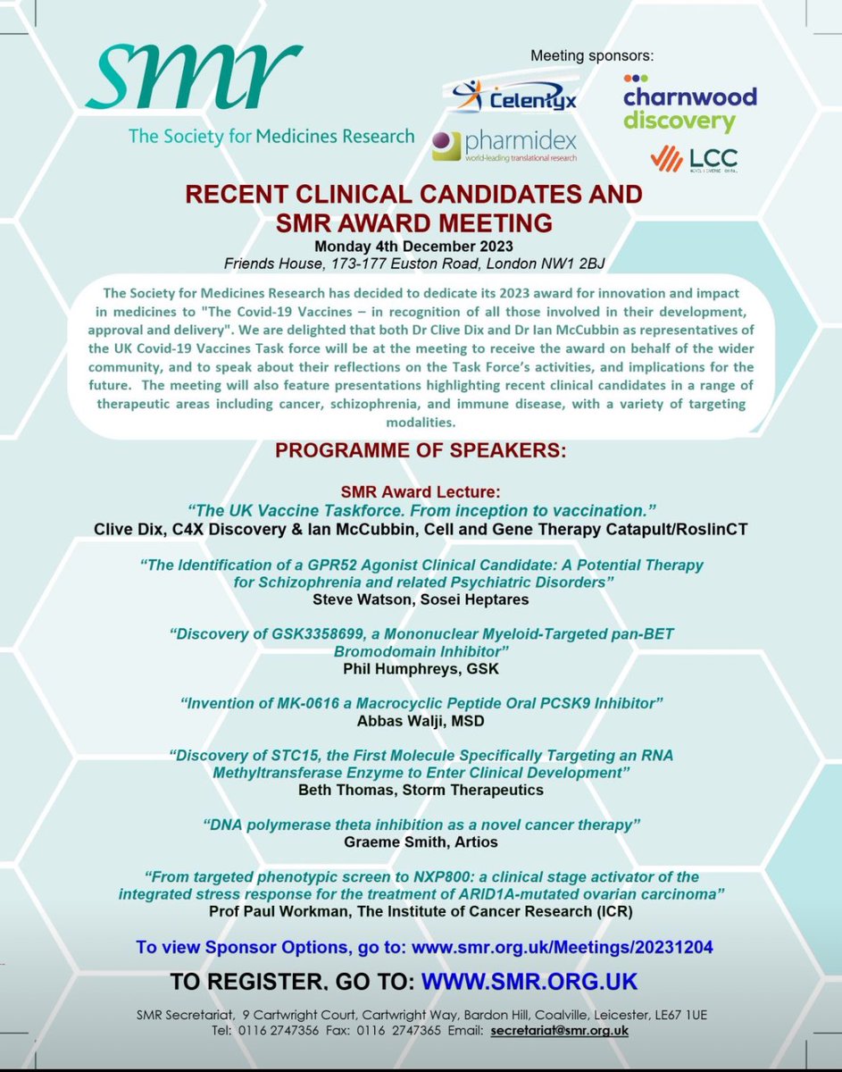 rickpccousins's tweet photo. Great sci, insights &amp; stories of challenges faced in medicine disc today at  @SocMedRes  RECENT CLINICAL CANDIDATES AND SMR AWARD MEETING, including the 2023 SMR award to the UK Covid Task Force.

#medicines #vaccines #medicinalchemistry  #pharmaceuticalindustry #biotech https://t.co/MTS7S9G881