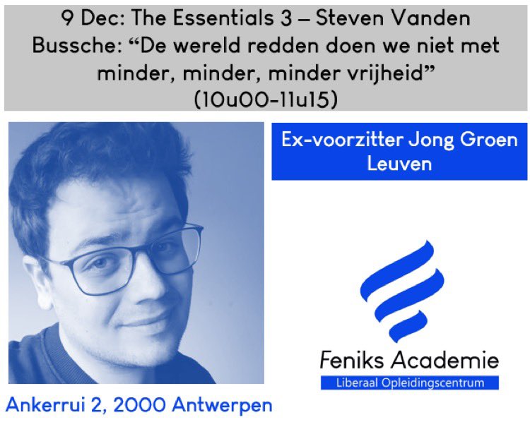 De eerste sessie 9/12 over Liberalisme &amp; Actua wordt gegeven <a href="/StevenVBussche/">Steven Vanden Bussche</a> over milieu en klimaat &amp; hoe we de wereld niet redden met minder, minder minder, mee gebaseerd op het boek van <a href="/ThomasRotthier/">Thomas Rotthier</a> &amp; <a href="/JDSchoolmeester/">Jan Deschoolmeester</a>. #theessentials3
Inschrijven 👇: feniksacademie.be/?p=182