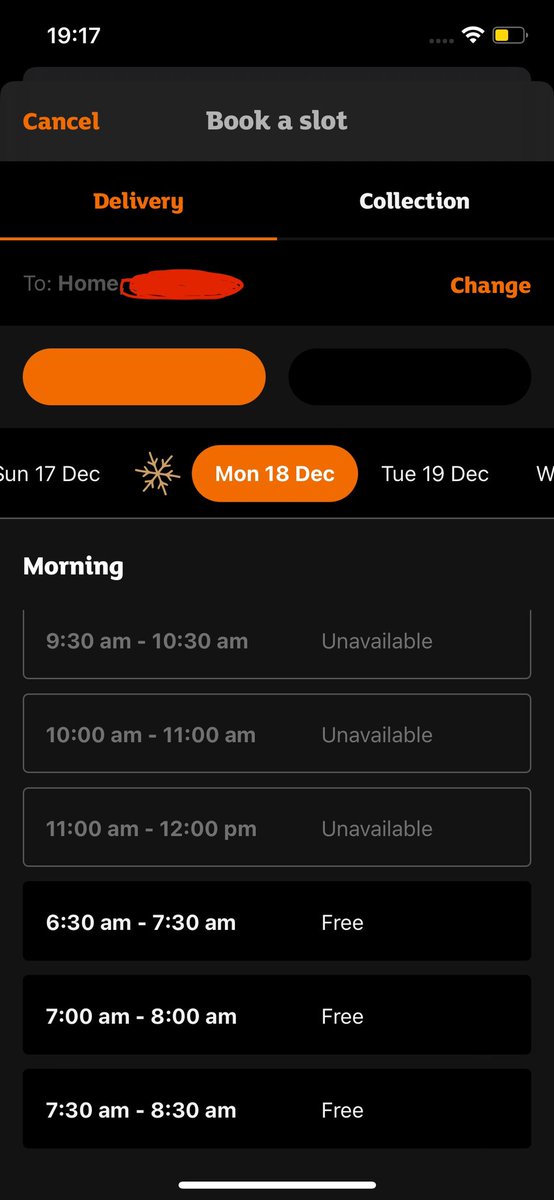 JALPhoto's tweet photo. @sainsburys still unable to book a delivery slot any earlier than the 18th Dec but on that day there’s oddness - 6:30am shouldn’t be the next slot after mid day…?
It does it again in the afternoon slots. If I change to my Mum’s address (different stores) it works fine. https://t.co/UHiRWMvPaM