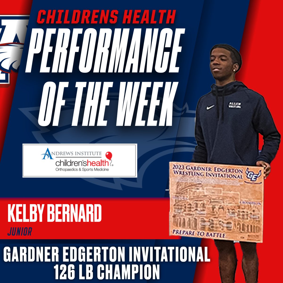 Our Children’s Health Performer of the Week for last week was junior Kelby Bernard! He defeated a 2x All-American & State Champion 14-6 to win the 126lb title at the Gardner Edgerton Invitational! @Allenwrestling @childrens @Allen_ISD