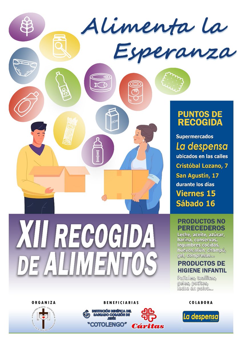 RECOGIDA DE ALIMENTOS/ Los próximos, viernes 15 y sábado 16 de diciembre, tendrá lugar la XII recogida de alimentos "ALIMENTA LA ESPERANZA".

Necesitamos voluntarios, para recepcionar las donaciones en los supermercados, trasladando kilos, y en la labor final de logística,