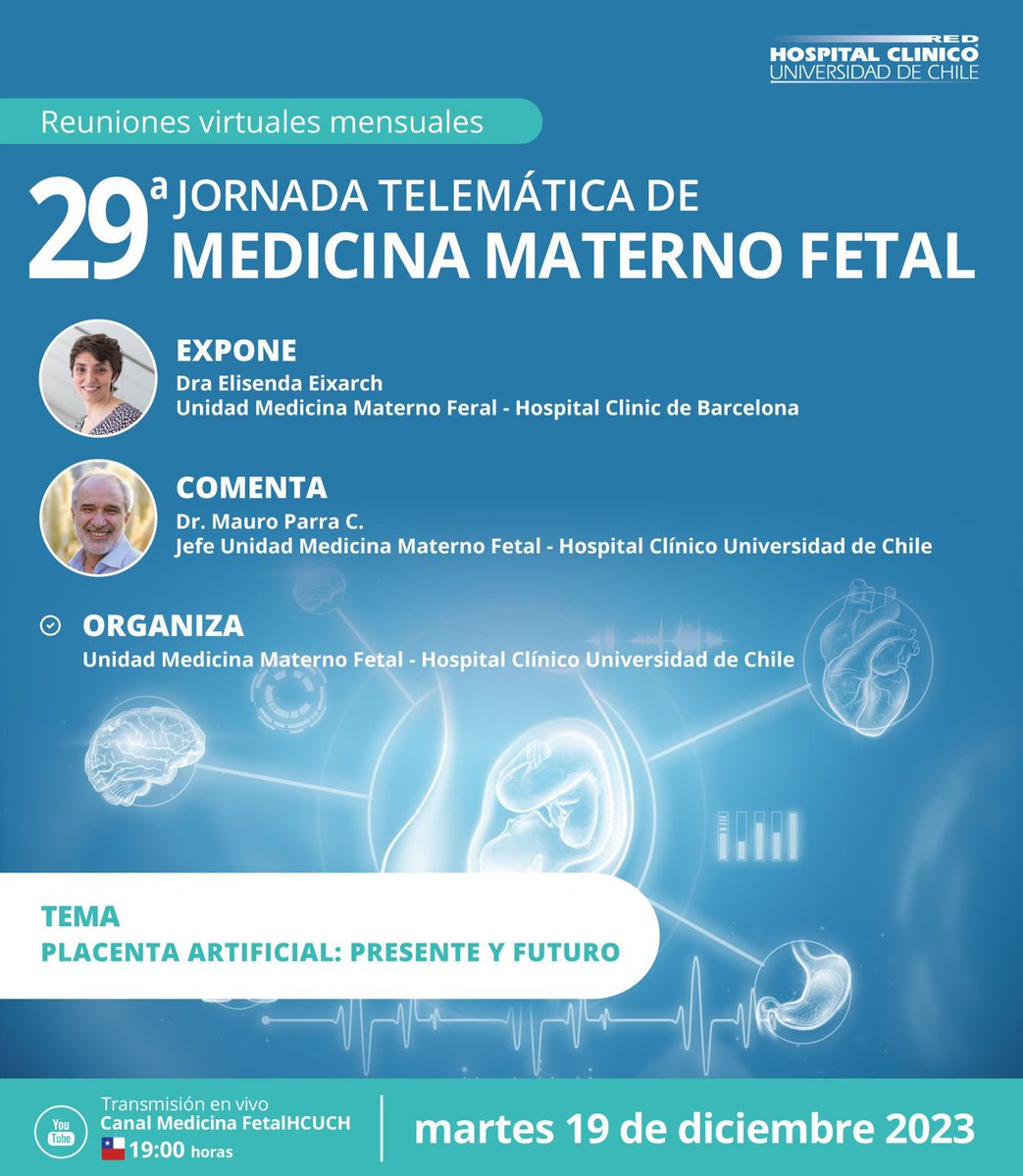 Los invitamos a nuestra última Jornada Telemática del año. En esta oportunidad con una invitada de lujo: la Dra. Elisenda Eixarch.
Los esperamos el martes 19 de diciembre a las 19:00 horas por nuestro canal youtube Medicina fetal HCUCH en el link:

youtube.com/@MedicinaFetal…