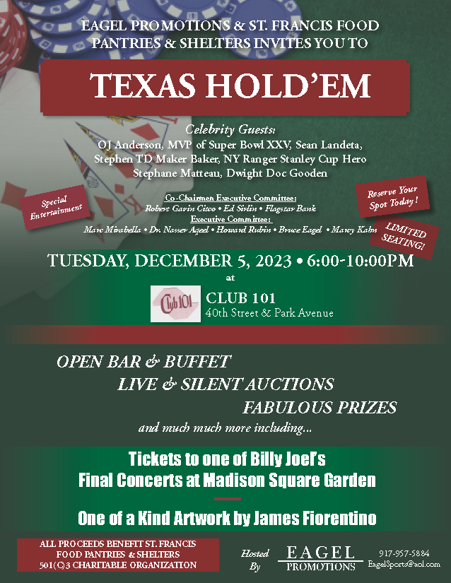 Last chance to sign up for tomorrow night's Texas Hold'em event hosted by Eagel Sports in support of our mission! To learn more and reserve your spot, call 917-957-5884 or email eagelsports@aol.com.