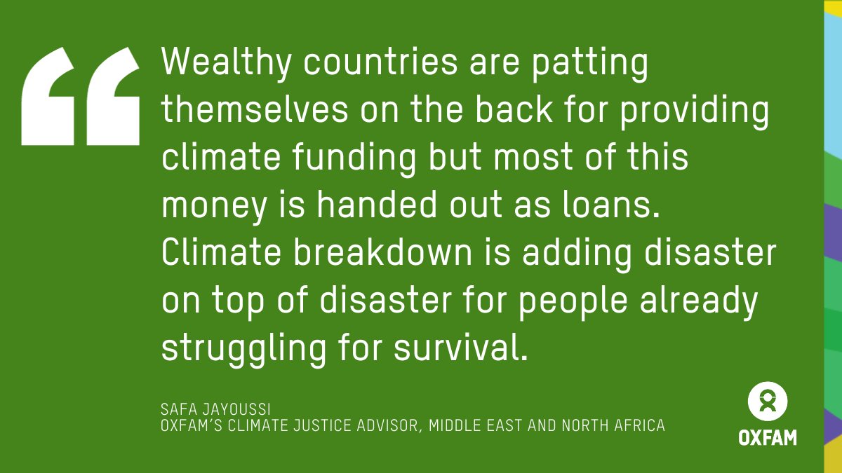 PRESS RELEASE: Conflict-ravaged countries pushed into “debt traps” by climate funding.

More than 50% of climate funding provided to fragile and conflict-affected states came as loans that will sink them further into debt.

oxf.am/debttraps

#COP28