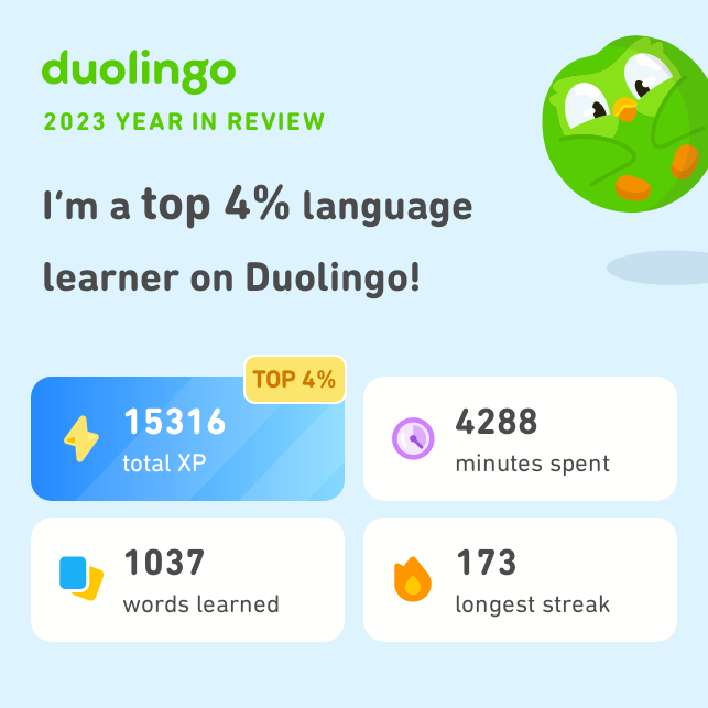 It was a year full of German! 

The part below 👇🏽 is from Duolingo! Yeah, right!!! Learning to brag about it!!! 😂😂😂 Pathetic, but I still loooove Duolingo! 
👇🏽
"Look how much I learned on Duolingo in 2023! How did you do? #Duolingo365"