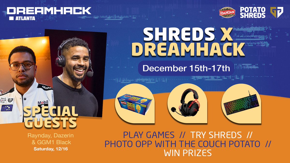 Couldn't #GetShreducated with us at PAX? We'll be serving up some MORE Idahoan® Potato Shreds with @IdahoanFoods at DreamHack ATL on DEC 15-17 🥔🍴 Stop by our booth to play some Overcooked, win daily prizes, take photos with the Couch Potato, and hang with @iDazerin,…