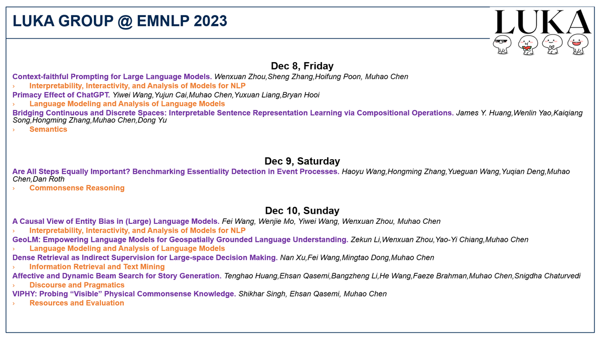 #EMNLP2023 The LUKA Group and collaborators will present the following papers on topics including interpretability, generalizability, indirect supervision, creative generation, grounding and vulnerabilities of LLMs. Look forward to the exciting discussions with colleagues.