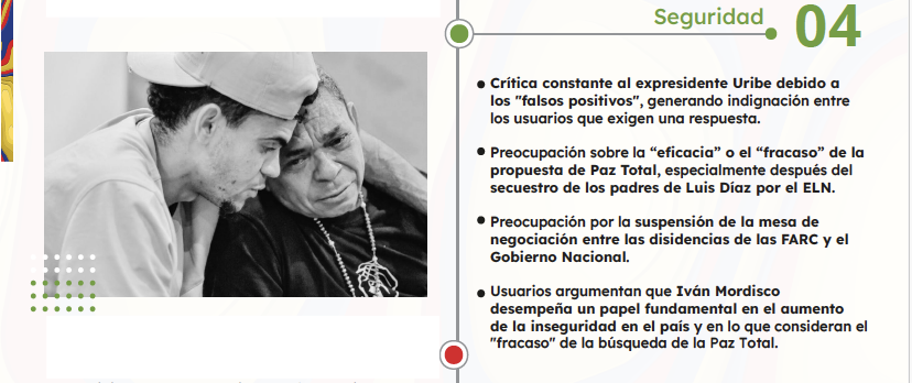 Por otro lado, la seguridad ha sido una preocupación constante. Temas como el "fracaso" de la Paz Total y los falsos positivos continúan generando indignación ‼️. La suspensión de la mesa de negociación entre disidencias de las FARC y el Gobierno también pesa en la conversación.