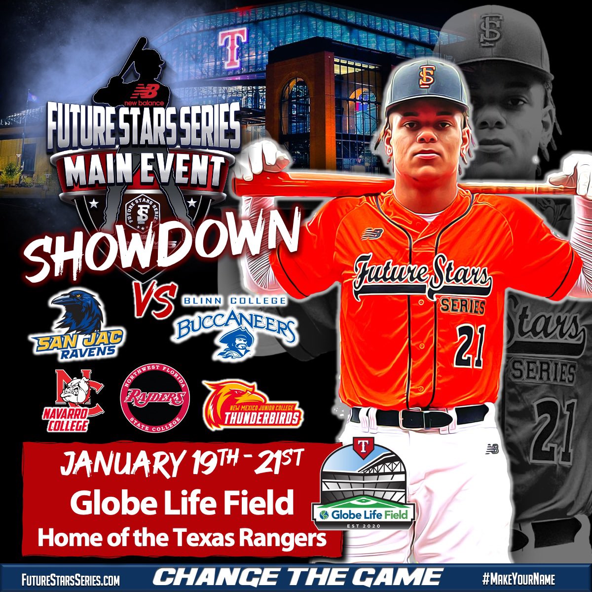 A first of its kind event deserves a first of its kind venue. The @NB_Baseball @ftrstarsseries Showdown lands at @GlobeLifeField, home of the World Champion @Rangers, 1/19-21. More details to come very shortly. #WeGotNow