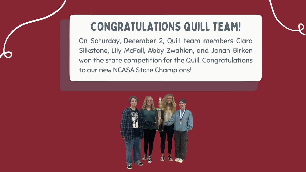 Chatham County Schools (@chathamcosch) on Twitter photo This past Saturday, <a href="/SeaforthHS/">@SeaforthHS</a> Quill team (consisting of Clara Silkstone, Lily McFall, Abby Zwahlen, and Jonah Birken) won the Quill Team State Championship. Congratulations to Abby Zwahlen for winning the title of Creative Writing State Champion! #OneChatham This past Saturday, <a href="/SeaforthHS/">@SeaforthHS</a> Quill team (consisting of Clara Silkstone, Lily McFall, Abby Zwahlen, and Jonah Birken) won the Quill Team State Championship. Congratulations to Abby Zwahlen for winning the title of Creative Writing State Champion! #OneChatham
