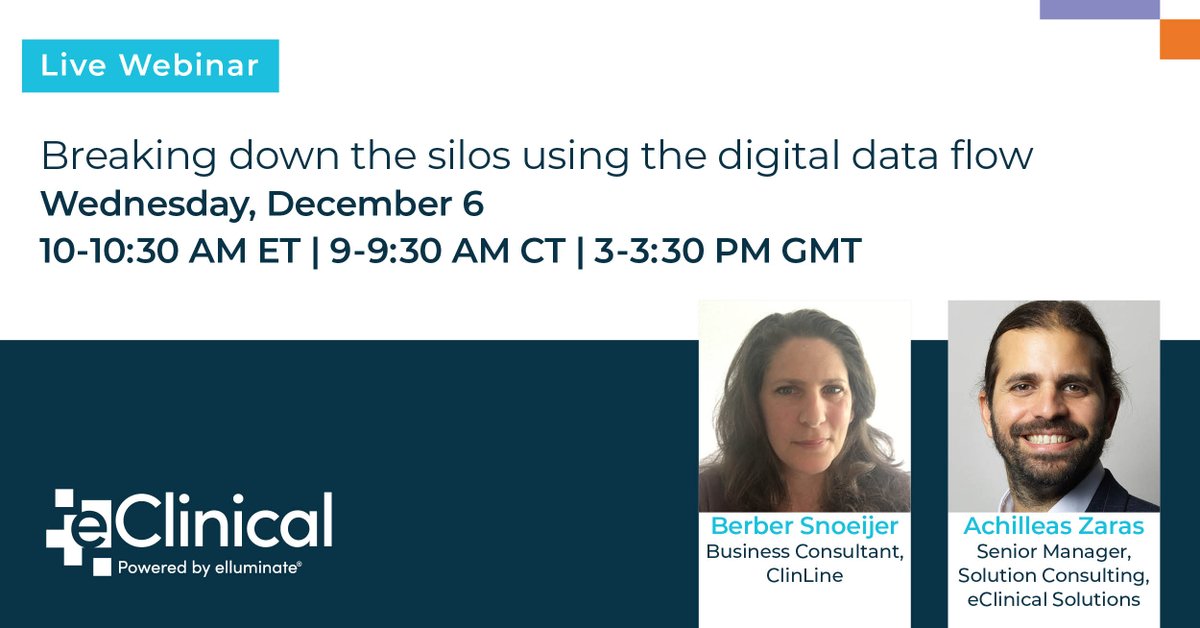On Dec. 6, join eClinical Solutions' Achilleas Zaras and @berbers1 for a webinar on breaking down silos using the digital data flow with the elluminate #dataplatform. Secure your spot today! bit.ly/47M7FIX