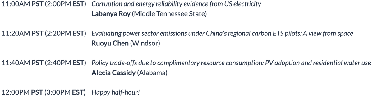 Join us Friday (Dec 8) at 11am Pacific for AERE@OSWEET! Three awesome talks on #energy and political economy from: ⚡️Labanya Roy 🛰️Ruoyu Chen @Steven_RChen 🌦️Alecia Cassidy @alecia_cassidy Register: uoregon.zoom.us/meeting/regist… Hope to see you there! #EconTwitter @AereOrg