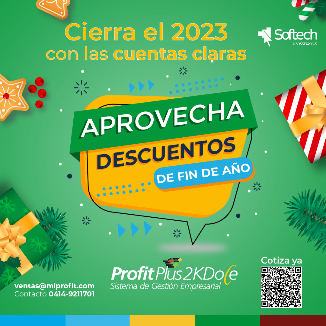 MiProfit's tweet image. ¡Dale el mejor inicio a tu empresa este próximo año! Disfruta de nuestro descuento por fin de año en toda la Suite #ProfitPlus2KDoce y comienza el 2024 con todo al día en tu negocio.