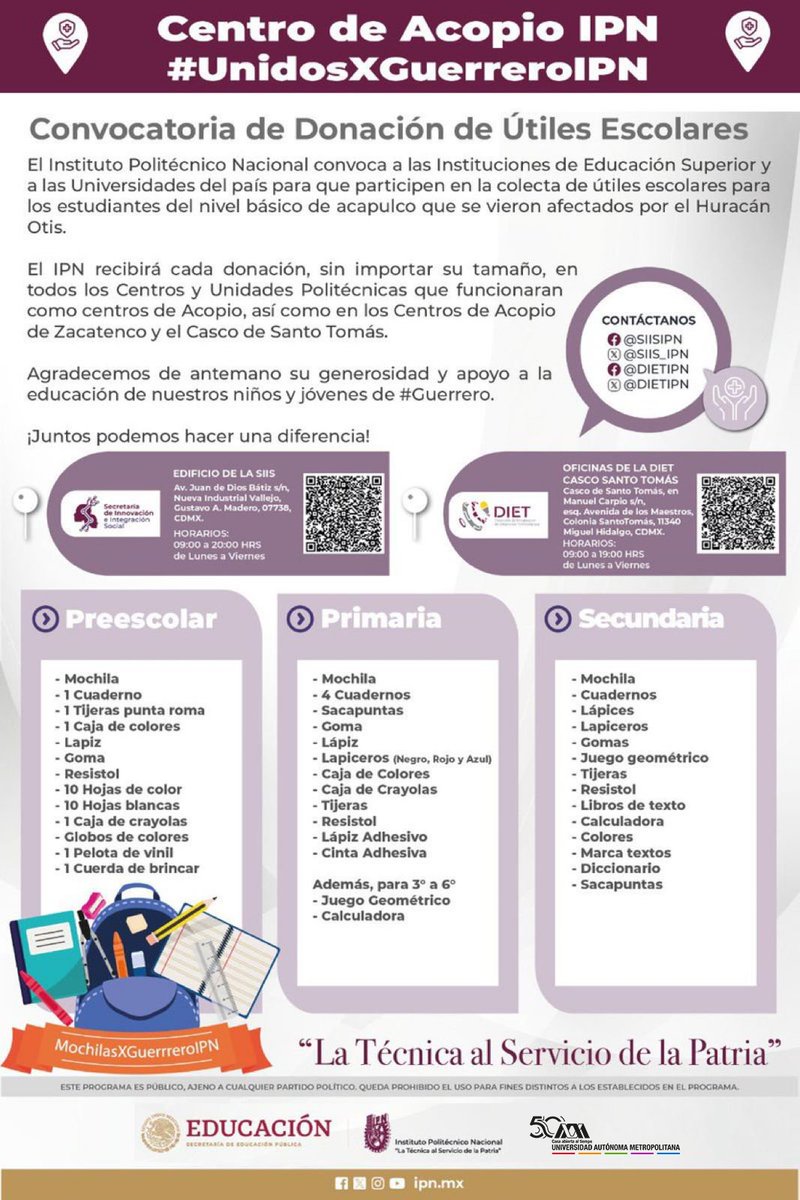 lauammx's tweet photo. ¡Participa! Convocatoria para sumarse a la colecta de útiles escolares para el alumnado de Guerrero que resultó afectado por el huracán Otis.
.
#UAM50 #SoyUAM #UAMComprometida
@UAMAzcOficial
@uamcuajimalpa
@UAM_Iztapalapa
@UAM_Lerma
@uamxoficial https://t.co/aeQ0OPKizi