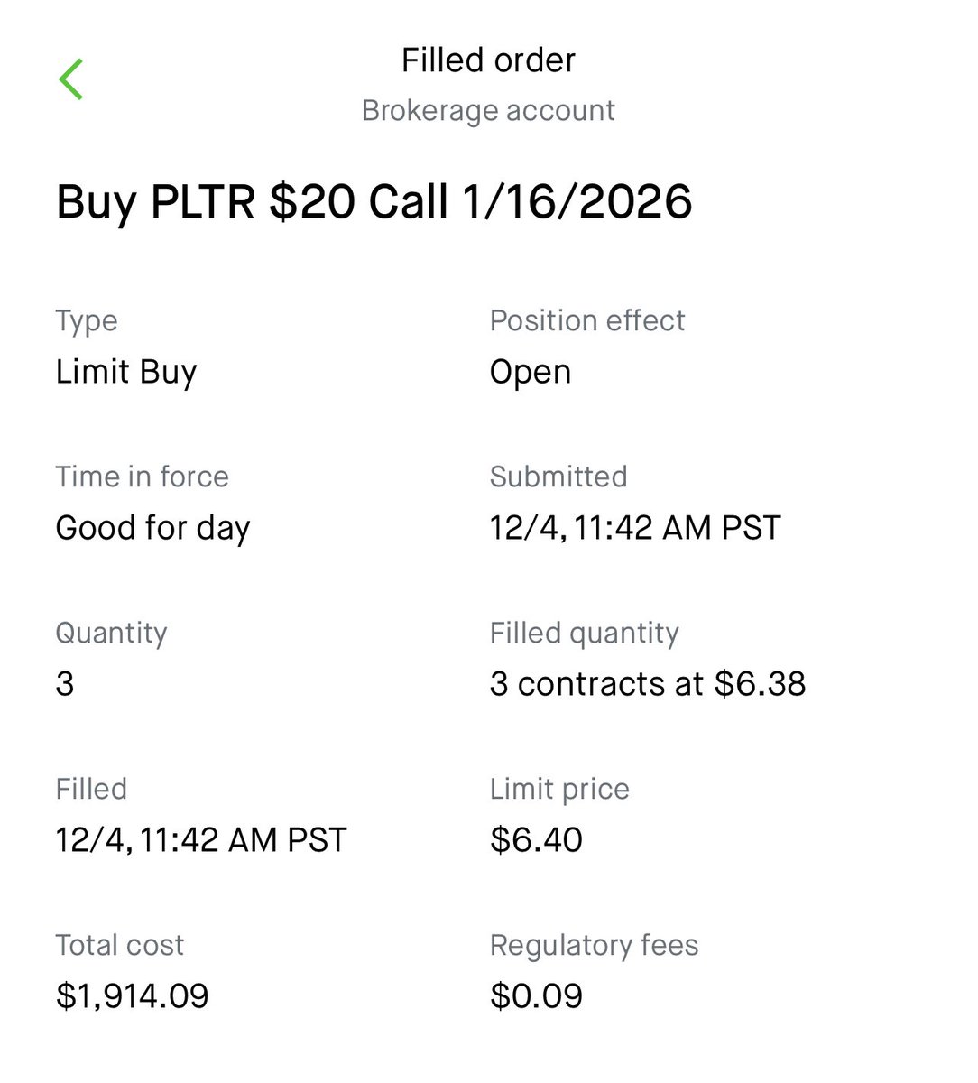 Bought a $PLTR LEAP Call:

- 1/16/2026 $20c x 3 contracts
- Paid: $1914

$PLTR dropped by almost 10% today

I am bullish on the long term prospects of $PLTR

For the price of 100 shares at $20 buying this LEAP call allows me to control 300 shares of $PLTR