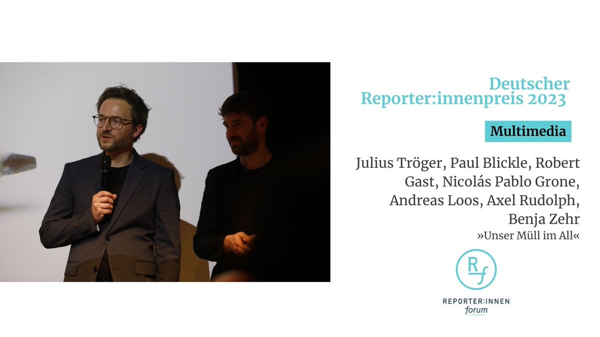 Den #ReporterInnenpreis in der Kategorie 'Multimedia' gewinnen @juliustroeger, @colorfuldata, @Gastrobo, @nicogrone, @benjazehr, Axel Rudolph und Andreas Loos für 'Unser Müll im All'. Hier geht es zur Reportage 👉🏼zeit.de/wissen/2022-10…