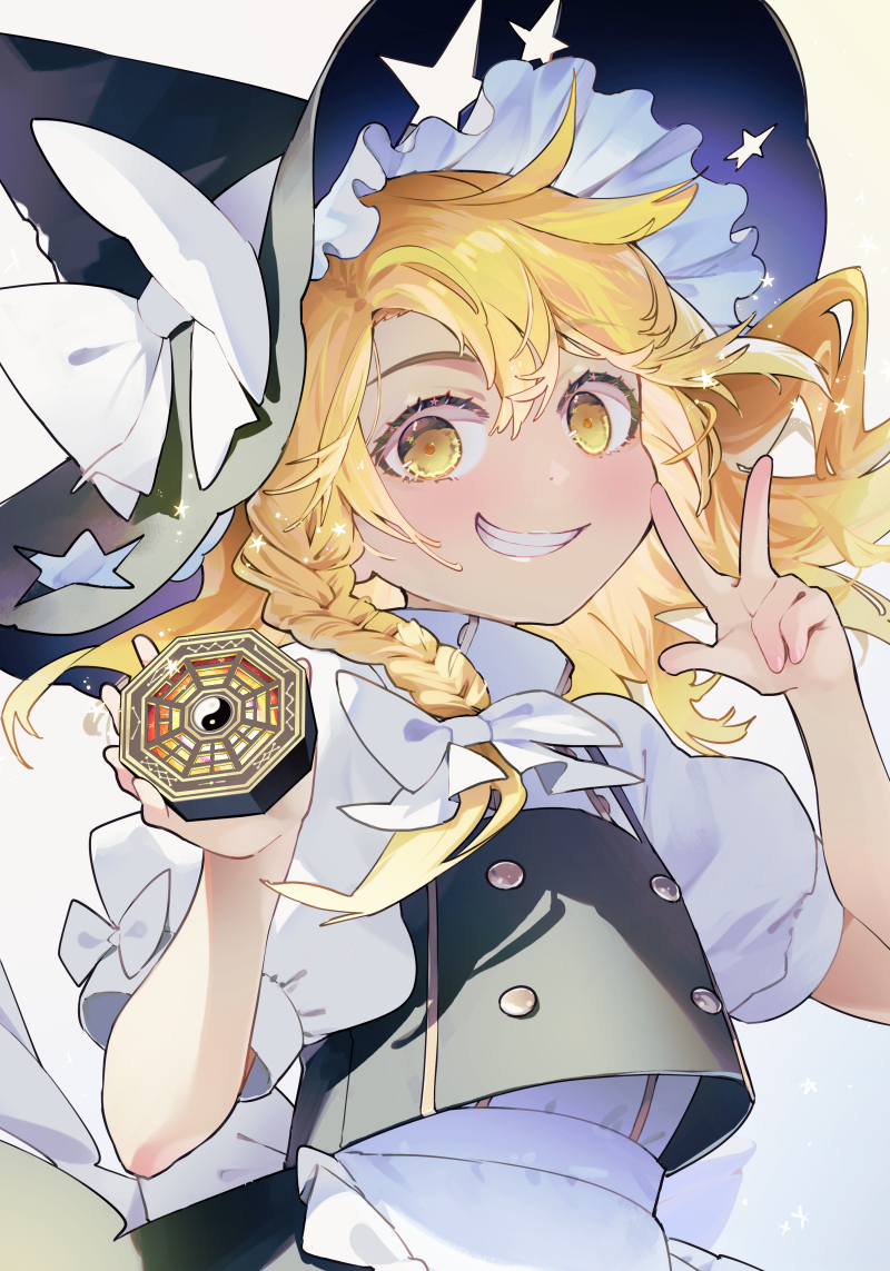 kirisame marisa 1girl hat mini-hakkero blonde hair solo witch hat smile  illustration images