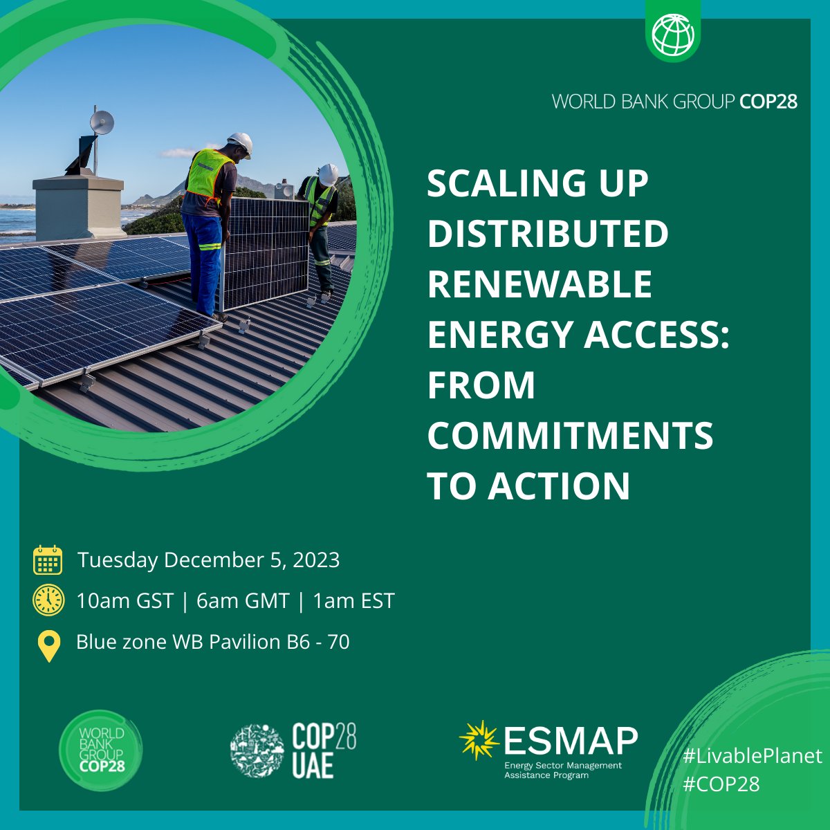 📢Join us shortly at <a href="/COP28_UAE/">COP28 UAE</a> for an update on progress made under the <a href="/WorldBank/">World Bank</a>'s Distributed Renewable Energy (DRE) solutions platform. 

Event page: wrld.bg/cHs750Qfk3w