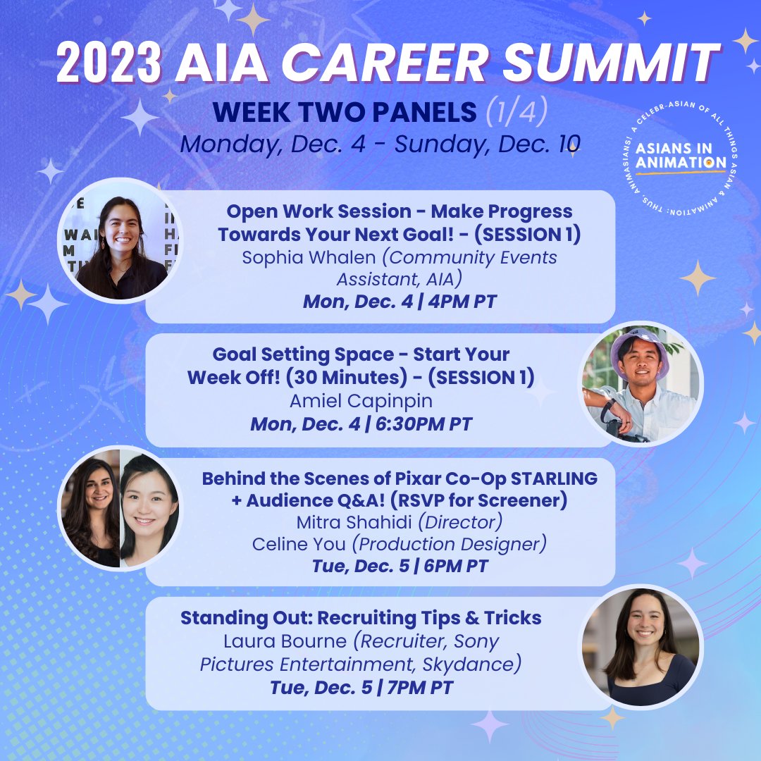 AnimAsians's tweet photo. Mark your calendars because we have an exciting week of AIA events!✨
Join us virtually on Dec 4th through 10th for insider filmmaking events to help you have a successful career in animation! All are welcome to join.
#asiansinanimation #animasians #animation #AIAcommunity #AIA https://t.co/l614lzXVWU