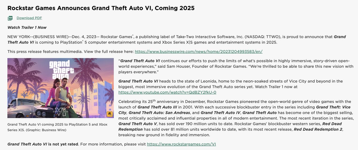 Rockstar Announcement Lacks GTA VI PC Version, Coming To PS5 & Xbox Series  Consoles In 2025