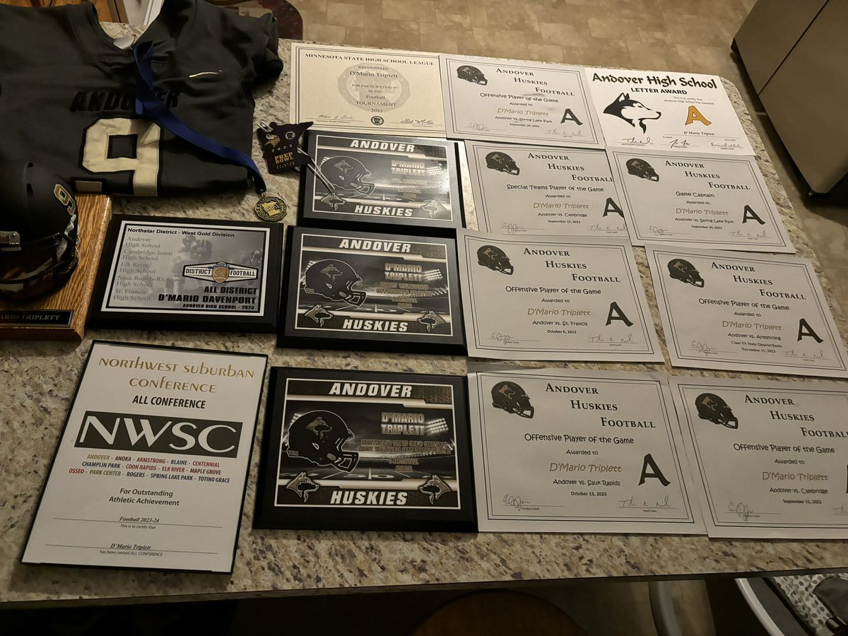 Some post-season awards from banquet:
-Northstar west gold district,west gold division 
-Most valuable offensive player 
-All district 
-For outstanding athletic achievement 
-1 out of 88 people selected in the Minnesota allstar game