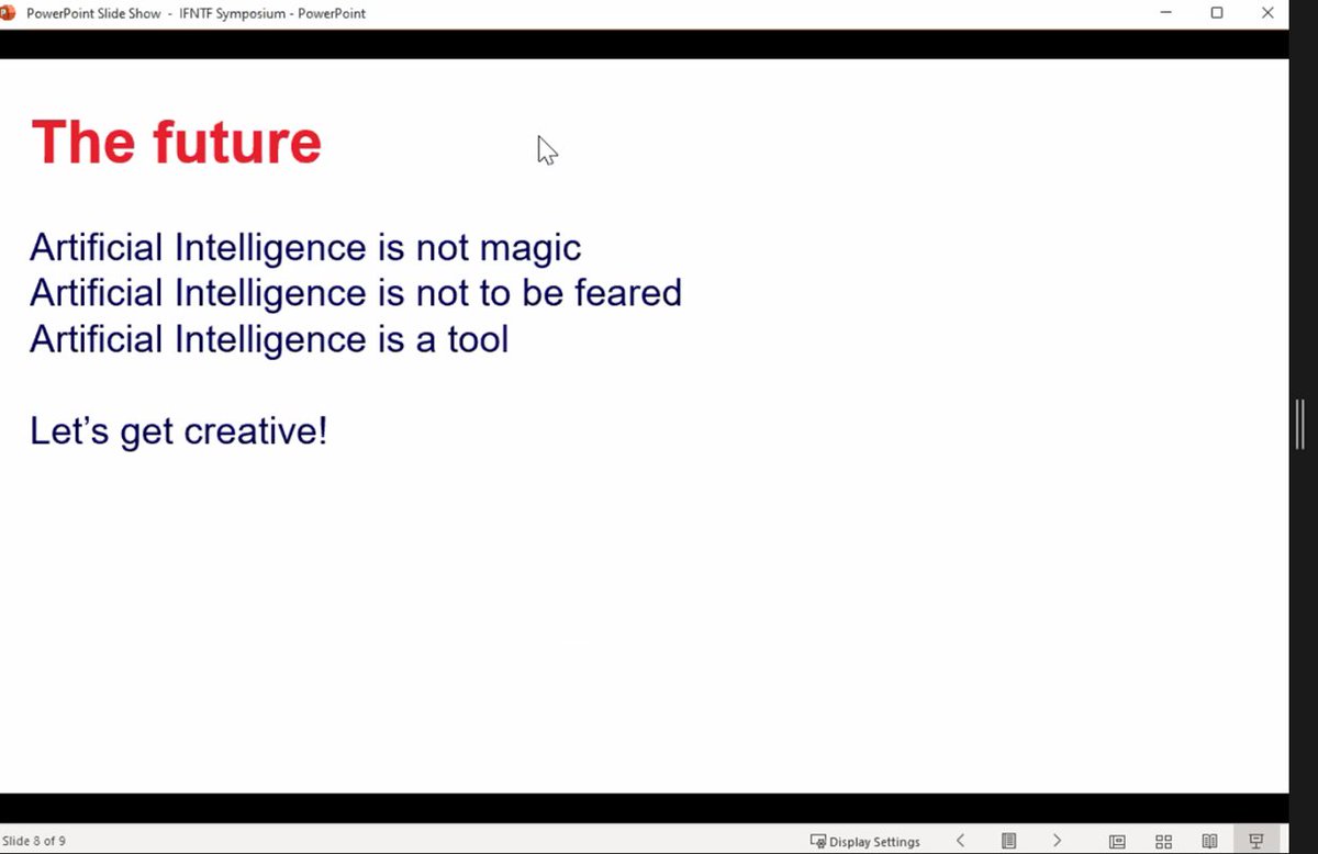 Aust leg of <a href="/ifntfellows/">IFNTF</a> global Symposathon
<a href="/RMIT/">RMIT University</a> <a href="/placid_platypus/">James Harland</a> <a href="/alphaoscar69/">Alex Kootsookos</a> <a href="/time_wiley/">Dr Timothy Wiley</a>  <a href="/ProfAngeCarbone/">Angela Carbone</a>
-Augmenting Teaching Excellence w AI
2⃣x fab case studies
Final exhortation 2 #GetCreative
AI
✖️magic
✖️2 b feared
✔️a tool
Link to presentation cardiff.cloud.panopto.eu/Panopto/Pages/…