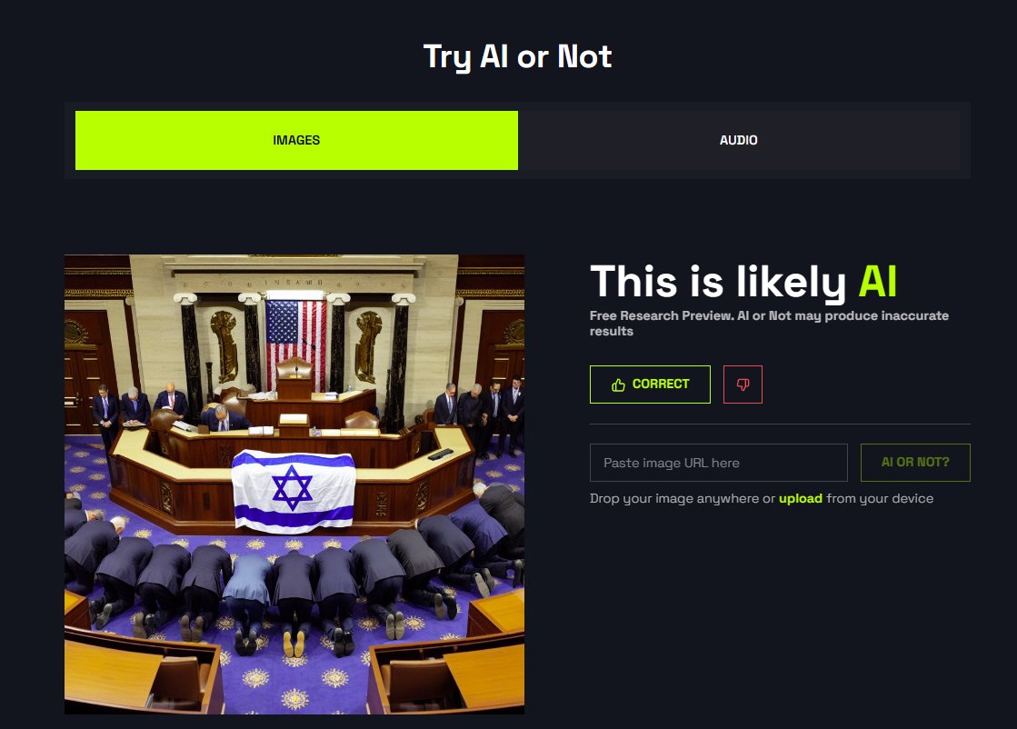 sal_the_servant's tweet photo. @ra69ed @RisingSand Use this tool to check. It says likely AI. Also before testing it I could already see the weird scene lighting was likely computer generated https://t.co/DqkXxlgqZ6
