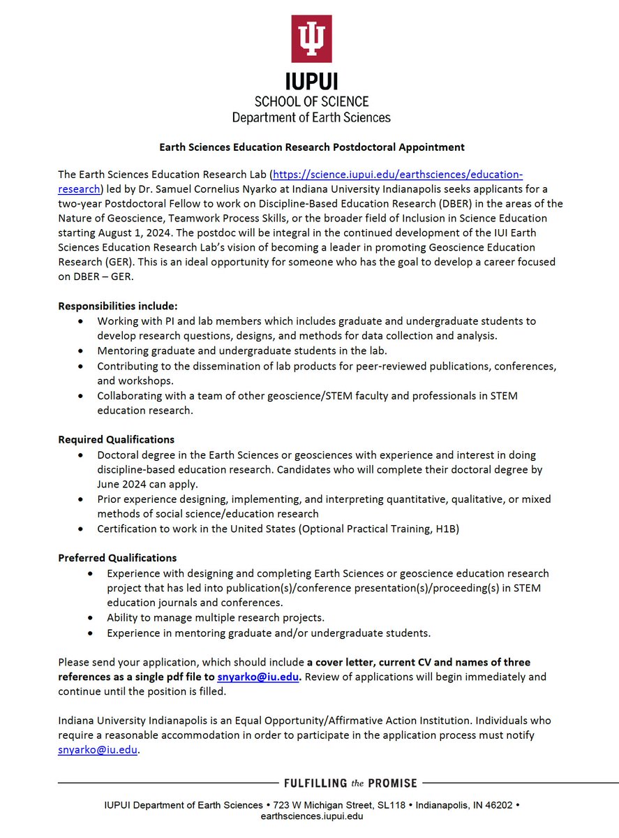 Please share among your community: Postdoctoral opportunity @ The Earth Sciences Education Research Lab at Indiana University Indianapolis.