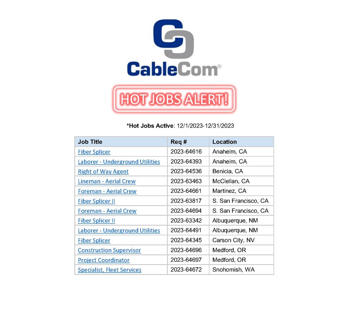CableComJobs's tweet photo. CableCom's Hot Jobs for December 2023 are in! See below for our top-priority positions to fill in CA, NM, NV, OR, and WA. To view the job descriptions and apply, please visit the link in the comments.

#cablecom #telecommunications #construction #hiringnow #nowhiring https://t.co/VH9GtJAreN