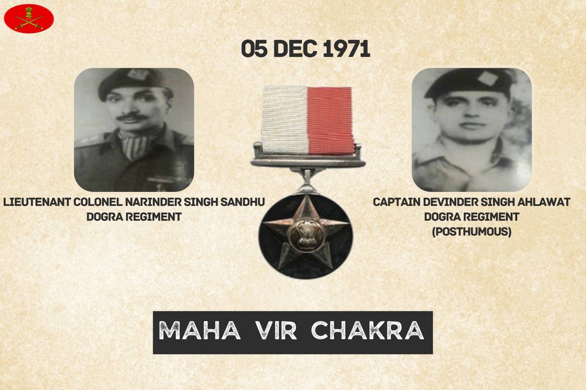 05 Dec 1971

Lt Col NS Sandhu and Capt DS Ahlawat displayed indomitable courage & exemplary leadership in the face of the enemy. Awarded #MahaVirChakra.

gallantryawards.gov.in/awardee/1452
gallantryawards.gov.in/awardee/1427