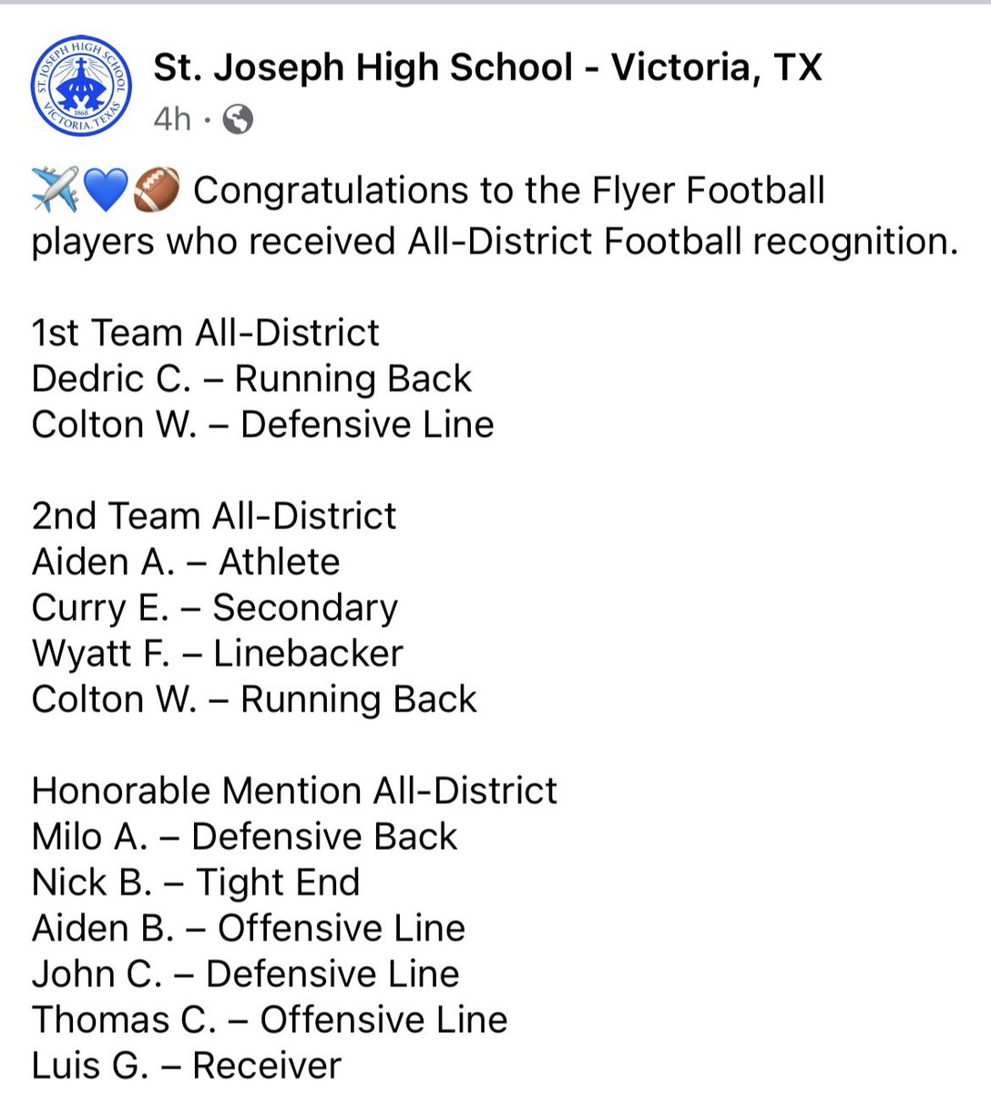 aidenaragon0815's tweet photo. Grateful for the honor of being named 2nd Team All District. Recognized Athlete for QB1 and Punting. Congratulations to my fellow named teammates and the entire STJ football
Team for a tough fought 2023 season! @STJFlyers @jamesduprie @CRC_Recruit #brotherhood #qb1 #athlete https://t.co/u4NO0DU9d3