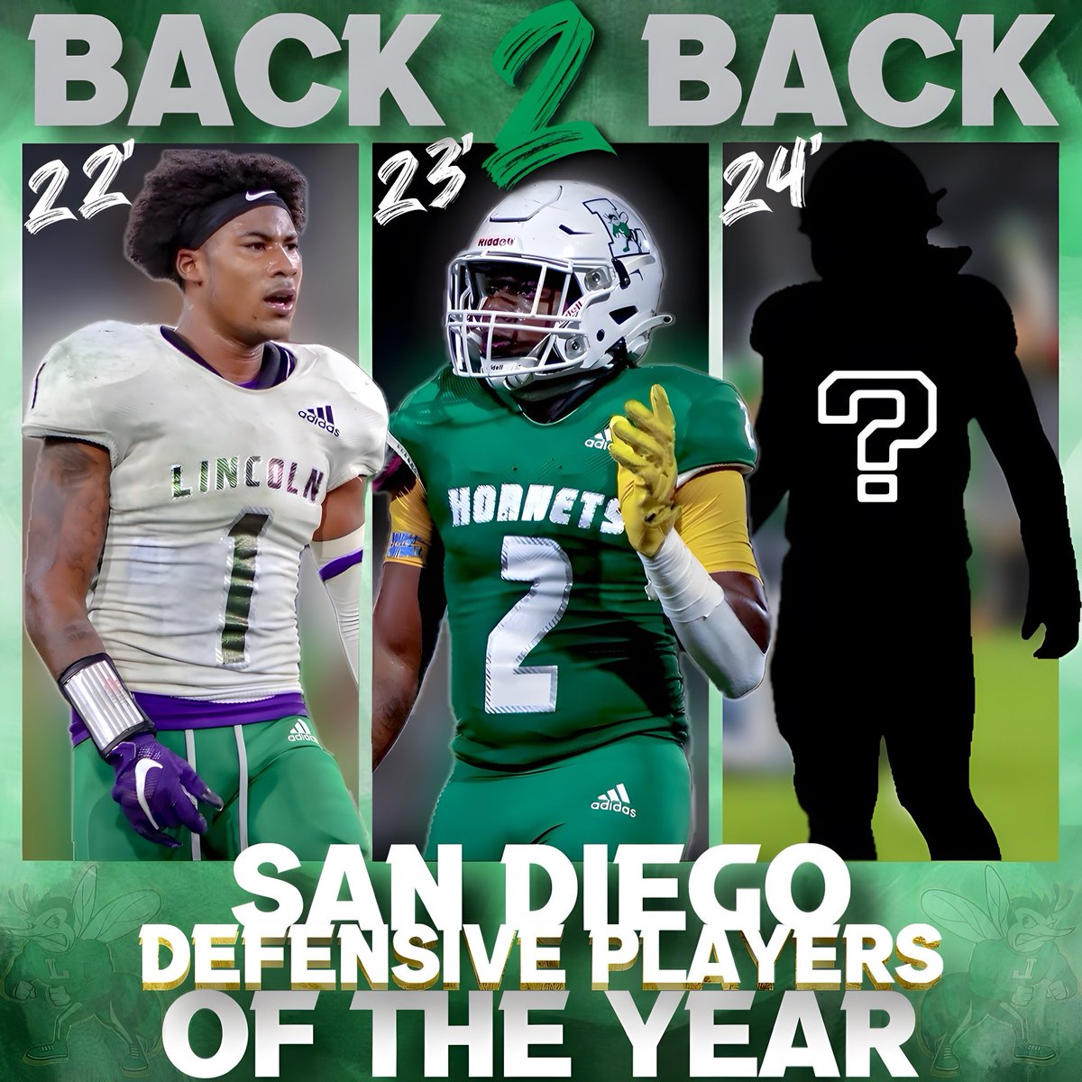 Who’s Next?
Coach Bashieff (@CoachB_ripMM) defense has produced the last 2 San Diego Prep Pigskin Defensive Players Of The Year
22 - S Josiah Cox (@JosiahLCox) now at Arizona State 
23 - LB Jerome Roberts (@14jeromeroberts) committed to Sac State 
#LincolnCertified 🍀 #RepTheHive