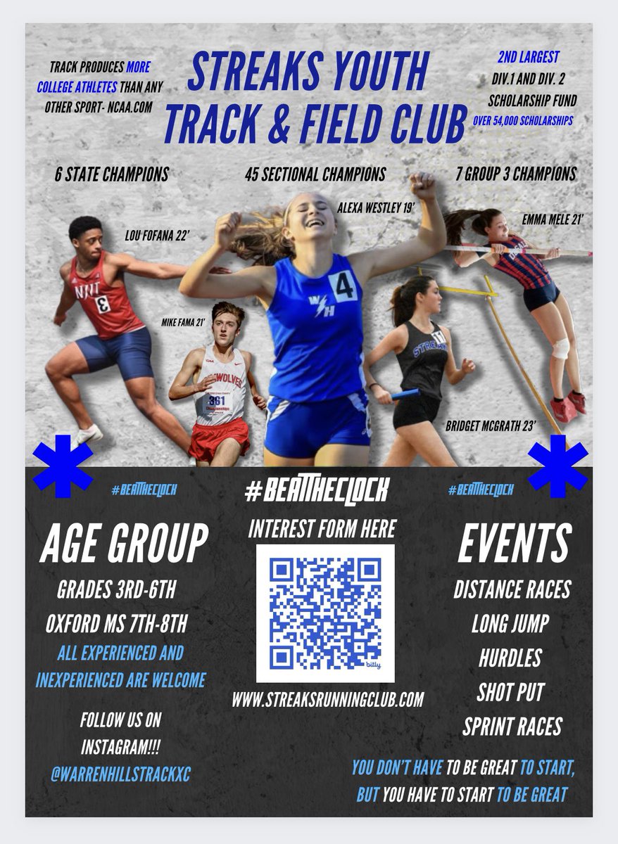 It’s official! Youth Track and Field is finally coming to Washington! All 3rd-6th are welcome, including 7th-8th Oxford Students! Let’s continue to grow multi-sport athletes here at WH. #BeatTheClock @ClubStreaks @WHRSDAthletics