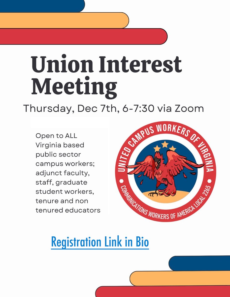 UCWVA's tweet image. Invite your non-union coworkers or your colleagues at other state institutions! They'll leave energized and hopeful. Let's keep building our power together! 
Thursday Dec 7th, 6-7:30pm. Register at link in bio.