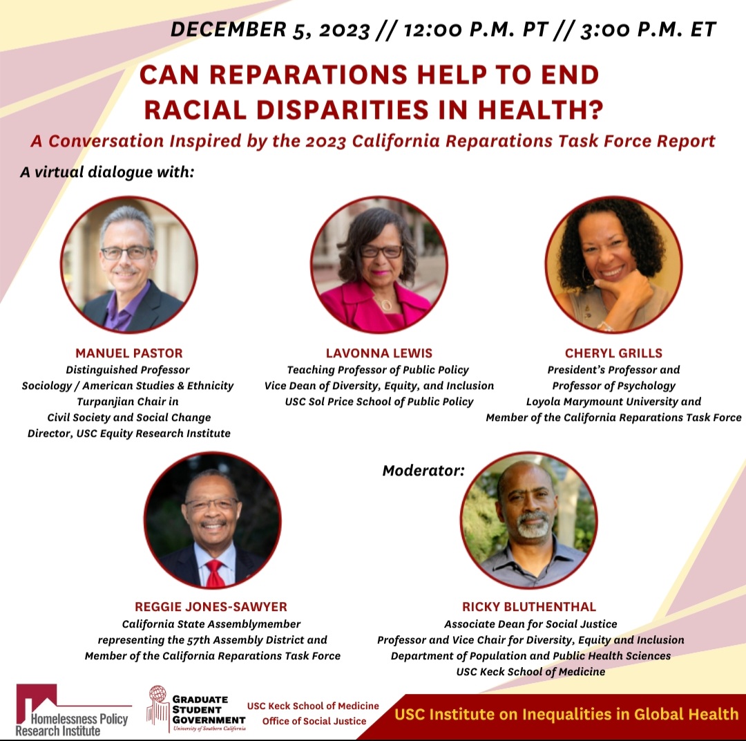 JonesSawyerAD57's tweet image. Please join me on Tuesday,  November 5th at noon as I participate in a panel discussion on racial disparities in health. @USC
#CaliforniaReparationsTaskForce #Reparations #healthcare #USC events.humanitix.com/iigh-reparatio…