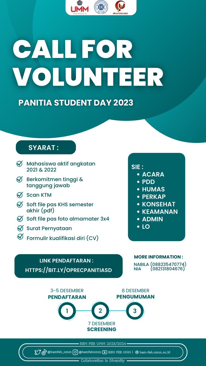bemfeb_umm's tweet photo. [OPEN RECRUITMENT PANITIA STUDENT DAY FEB 2023/2024]

Haloo, teman-teman FEB!
Pendaftaran kepanitian student day udah dibuka loh, dikhususkan untuk angkatan 2021 &amp; 2022 ya. yuk segera daftarkan diri kalian 🙌🏻

link pendaftaran : 
(https://t.co/UsVpjBgh8G) https://t.co/q1JxG1ViH9