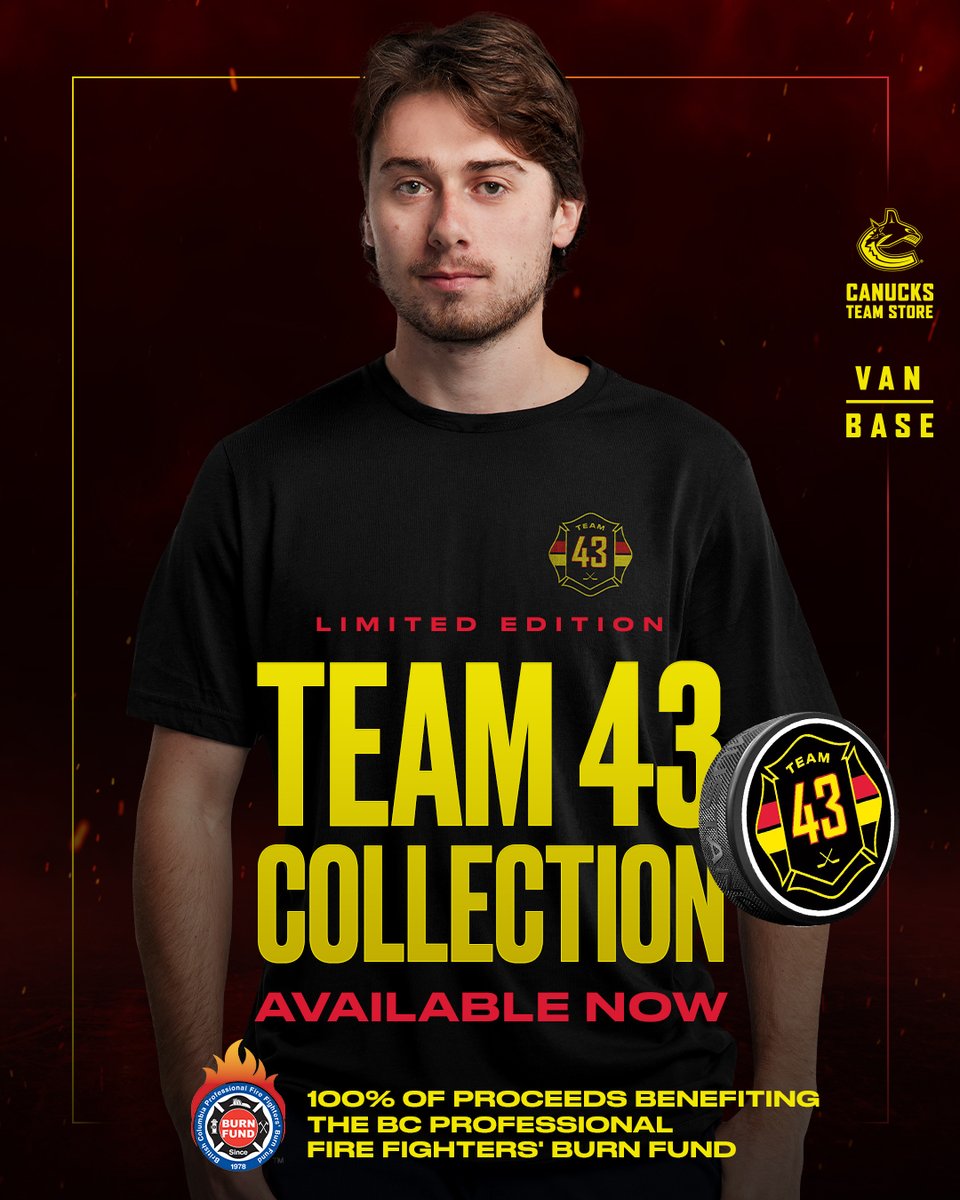 Alongside Captain Quinn Hughes' Team 43 ticket program, shop our exclusive Team 43 collection at Vanbase. 100% of proceeds will benefit the BC Professional Fire Fighters Burn Fund (@BCBurnFund). SHOP NOW | vancanucks.co/3T6ktFH