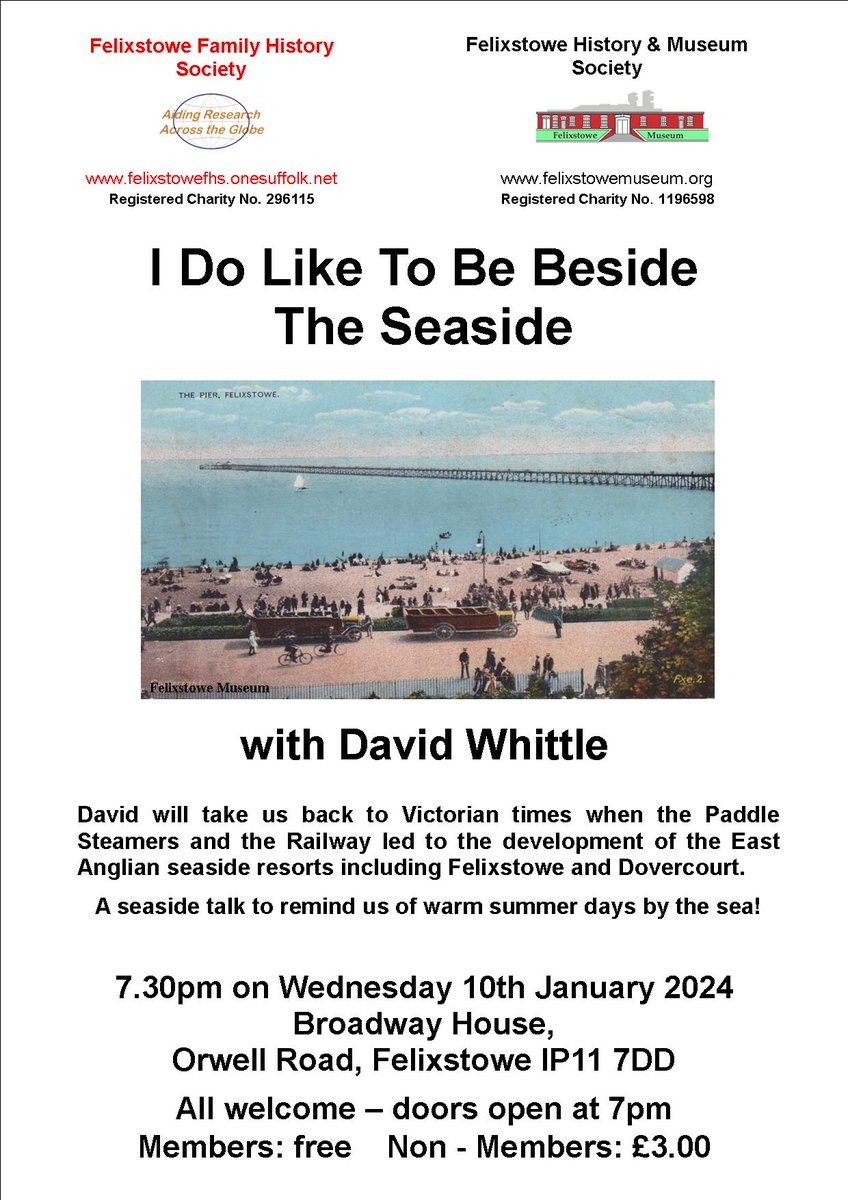 The first talk of 2024: I DO LIKE TO BE BESIDE THE SEASIDE. David Whittle takes us back to Victorian times by the sea. Broadway House, Orwell Rd, 730pm, Jan 10th @FelixstoweMus @SFHS1975 #felixstowe #seaside @VisitFelixstowe @Felixstowe_news @Suffolk_Sound #History #dovercourt