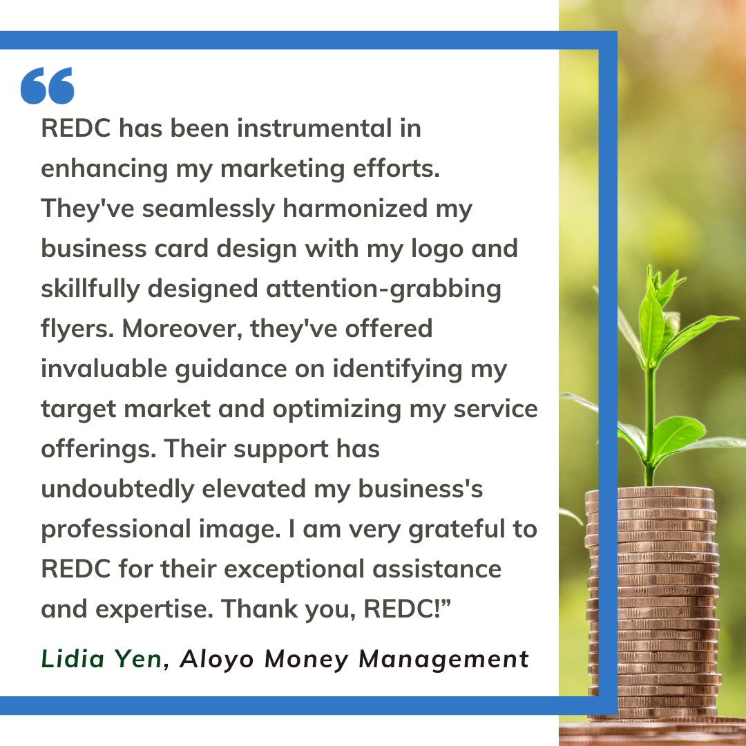 REDC recently received these kind words from our client, Lidia Yen of Aloyo Money Management. Thank you for leaving us this review! 

aloyomoneymanagement.com

#NHBusiness #NHSmallBiz #REDCNH #REDC #NHNonprofit