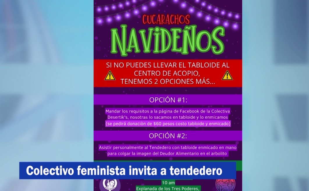 "Cucarachos Navideños" es el nombre que le han dado a un #tendederodedeudores alimentario en #Mexicali. Será el 14 de diciembre en la explanada del CCivico ya que con la llegada del invierno y época navideña se tiene una necesidad económica mayor afirma integrante del colectivo