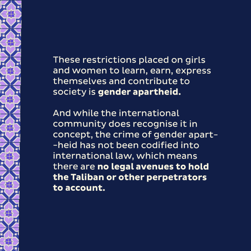 MalalaFund's tweet photo. In Afghanistan &amp; Iran, girls &amp; women are facing state-enforced, institutionalised oppression. But because gender apartheid is not yet a crime under international law, victims &amp; the international community don't have a legal avenue to fight it.

Swipe ➡️ to learn more.