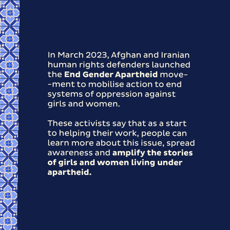 MalalaFund's tweet photo. In Afghanistan &amp; Iran, girls &amp; women are facing state-enforced, institutionalised oppression. But because gender apartheid is not yet a crime under international law, victims &amp; the international community don't have a legal avenue to fight it.

Swipe ➡️ to learn more.