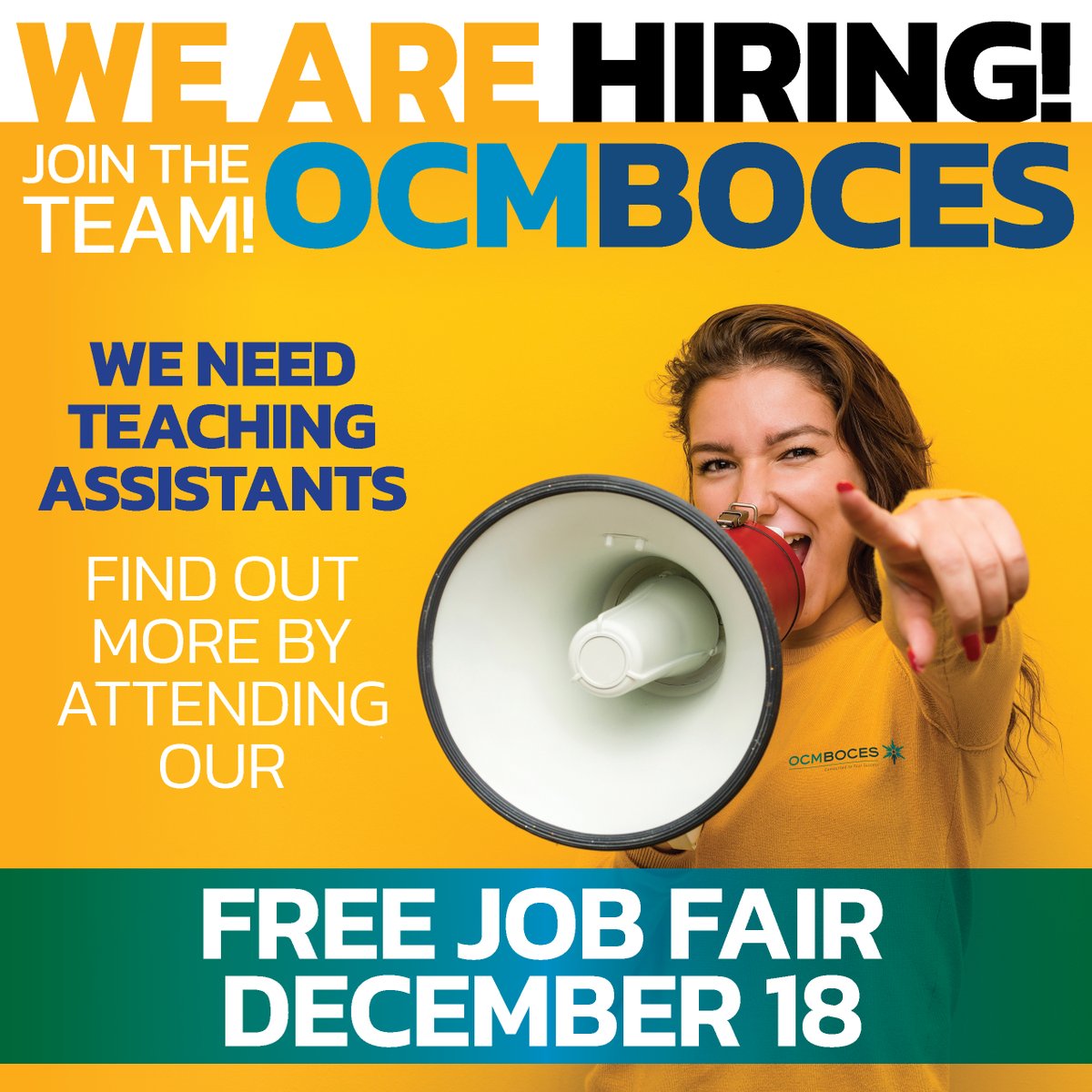 We need teaching assistants! Stop by our free job fair from 2:30 to 4:30 p.m. on Monday, Dec. 18, at 4500 Crown Road in Liverpool. Find out more: ocmboces.org/teacherpage.cf… #EmpoweringAllLearners